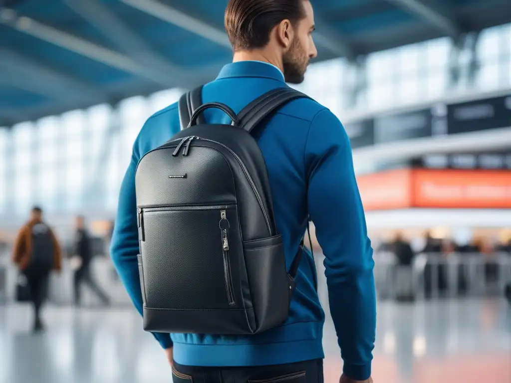 Mochila vegana de lujo en aeropuerto cosmopolita Un elegante accesorio de viaje vegano de lujo en un bullicioso aeropuerto