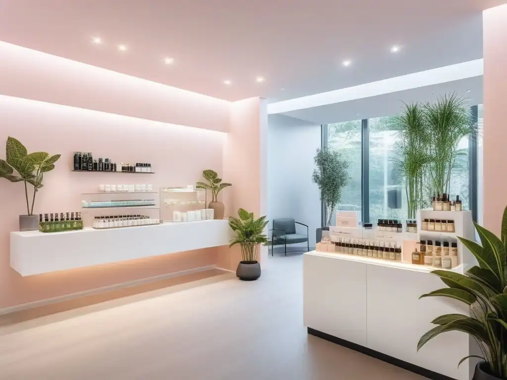 Productos de belleza para piel sensible: lujo y cuidado suave Un elegante ambiente de clínica de cuidado de la piel con iluminación suave y productos de lujo para pieles sensibles