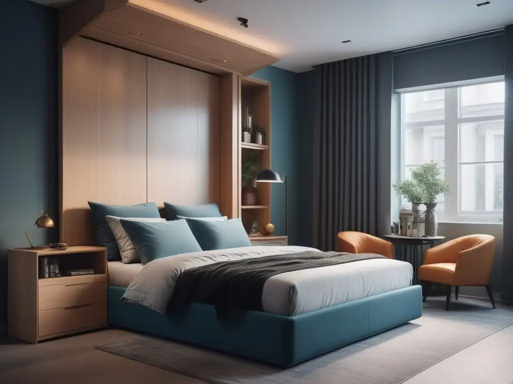 Estudio moderno con muebles multifuncionales y diseño eficiente Un elegante apartamento estudio con mobiliario ideal para departamentos petite y diseño inteligente en tonos neutros con toques de color
