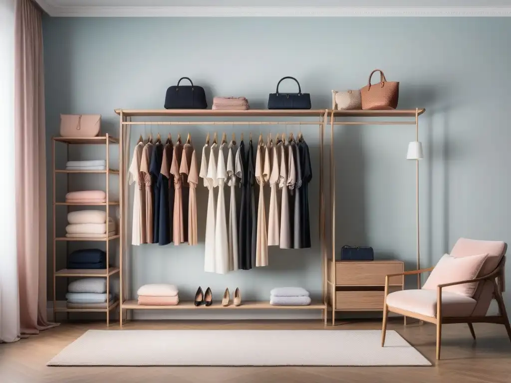 Guardarropa cápsula de maternidad: elegancia minimalista Un elegante armario cápsula maternidad tallas organizado y minimalista, con prendas clave en tonos suaves y estilo chic