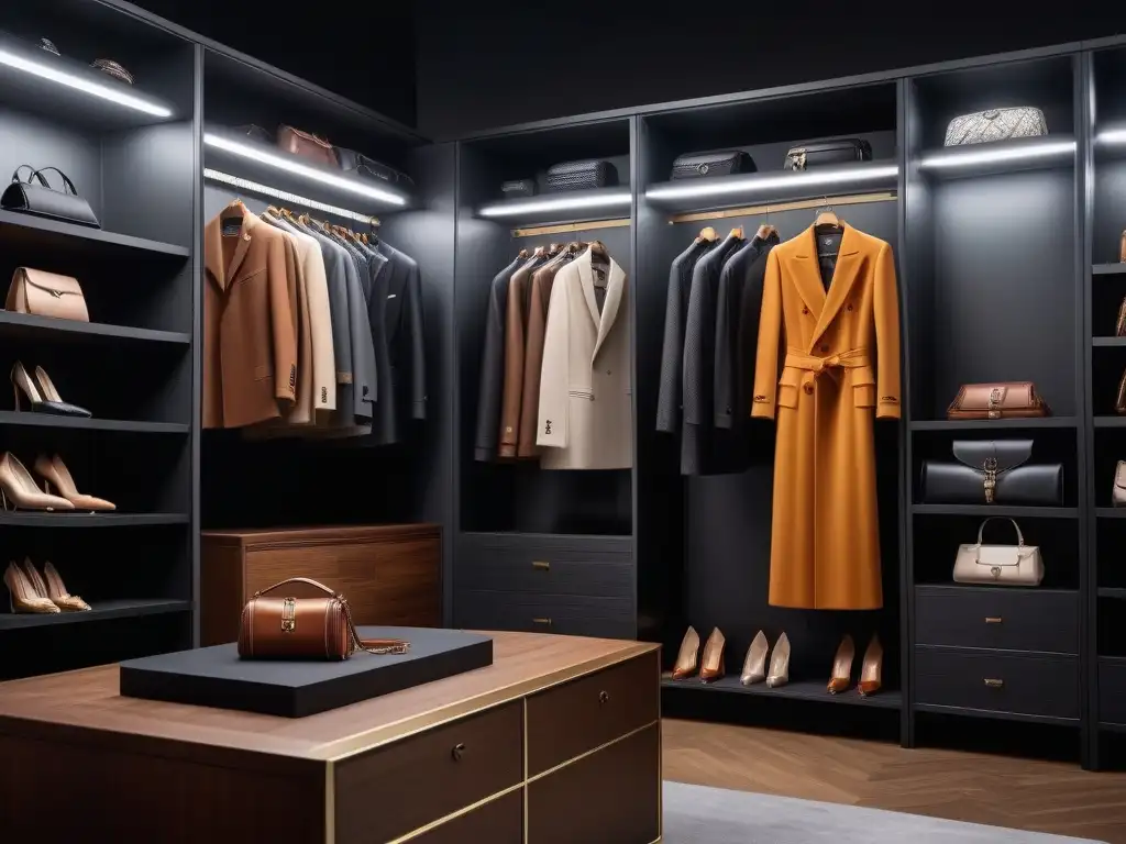 Armario de lujo: exhibición impecable de accesorios de diseñador Elegante armario de lujo con accesorios de alta gama organizados con cuidado y durabilidad