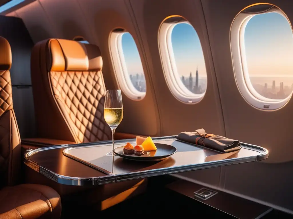 Sofisticado asiento de avión de primera clase con diseño de lujo Un elegante asiento de avión de primera clase con accesorios de lujo para viajes, iluminación ambiental y una vista de atardecer sobre la ciudad
