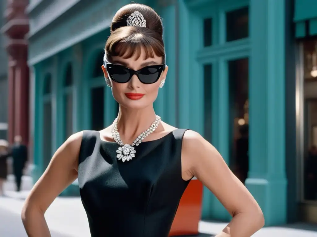 Audrey Hepburn en vestido negro de Givenchy: elegancia atemporal Elegante Audrey Hepburn en vestuario icónico de moda y cine frente a tienda Tiffany & Co