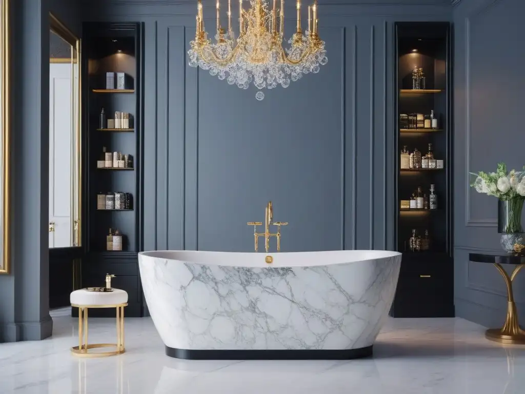 Baño de lujo con bañera y productos de belleza de alta gama Elegante baño moderno con bañera llena de burbujas y productos de belleza de lujo