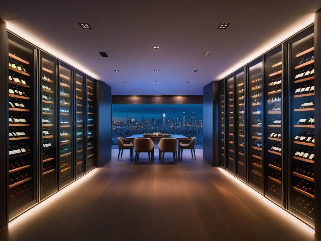 Vinoteca futurista: elegancia y tecnología para los amantes del vino Elegante bodega futurista con gadgets de lujo para vino y luces suaves, exhibiendo botellas de vino