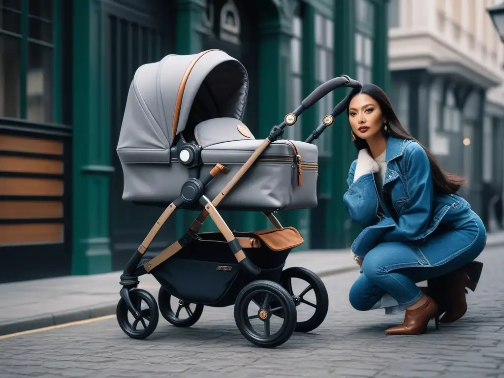 Moderno bolso cambiador y cochecito para mamás chic Elegante bolso de pañales y cochecito moderno en tono neutro, ideal para mamás fashion en movimiento