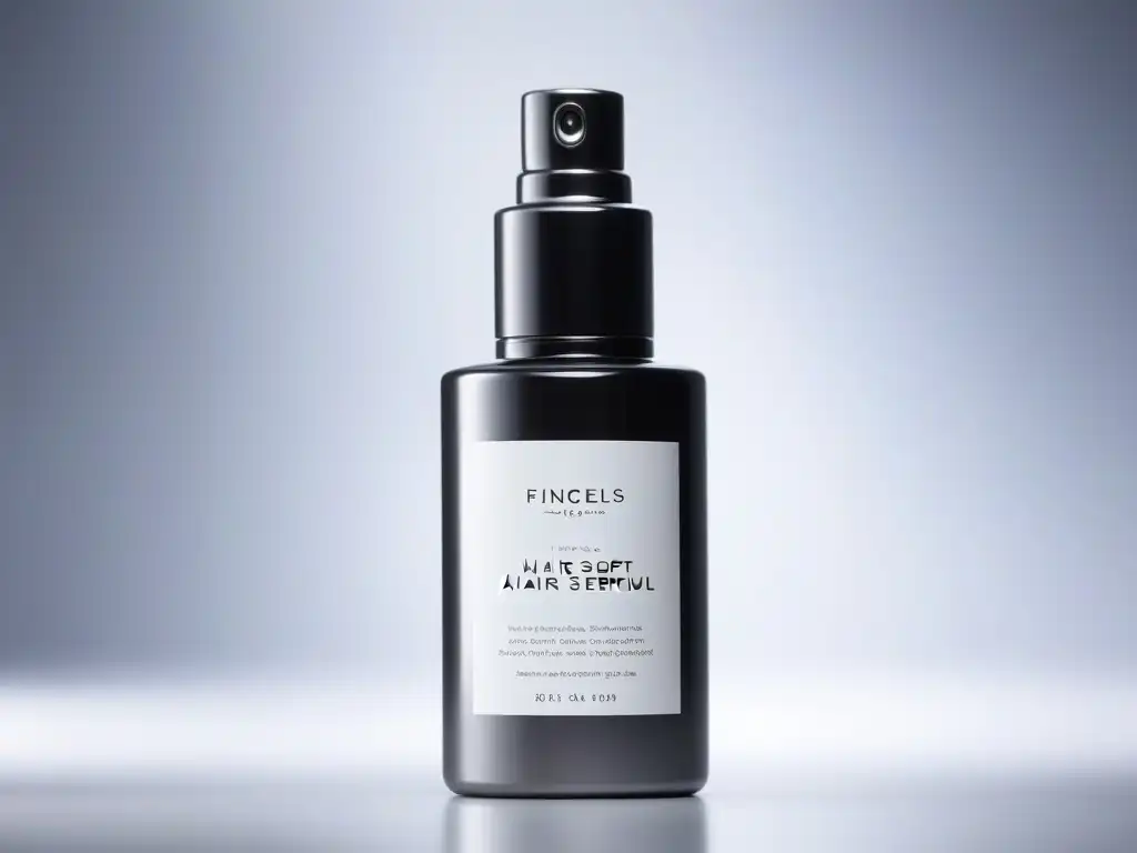 Serum capilar premium: detalle ultradetallado de lujo Elegante botella de suero capilar de alta gama con diseño minimalista y acabado metálico, reflejando luces
