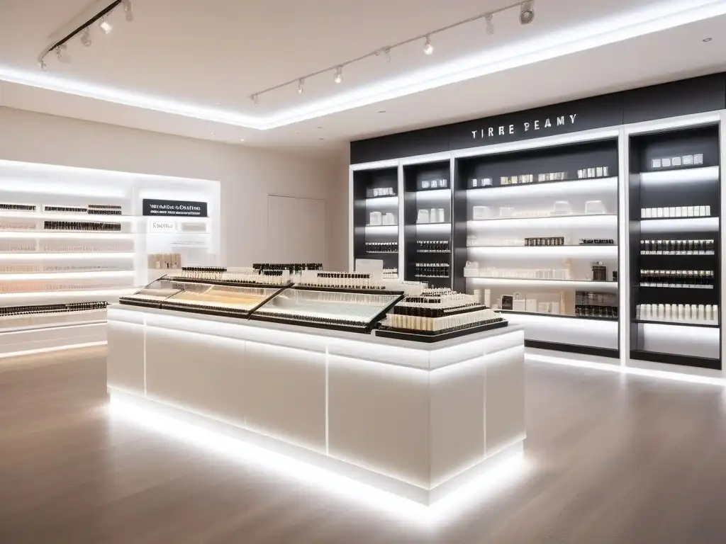 Tienda de lujo: alta cosmética para piel exclusiva Elegante boutique de cuidado de la piel con cremas de alta gama para pieles altas, iluminación suave y diseño minimalista