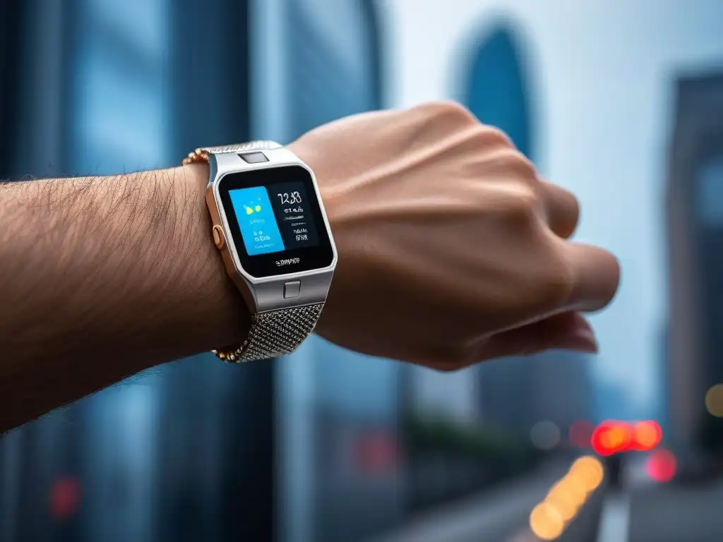 Bracelete inteligente con luces LED y diseño futurista en la ciudad Un elegante brazalete inteligente con detalles metálicos, luces LED suaves y un fondo de ciudad difuminada