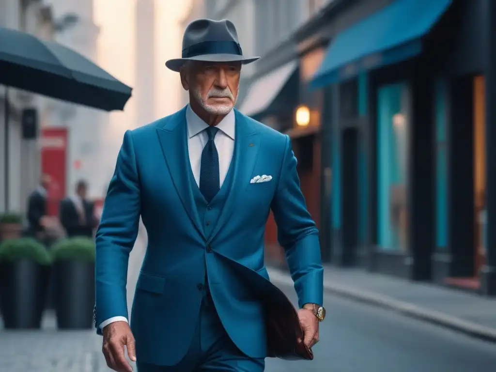 Elegante caballero caminando por la ciudad en 8k Un elegante caballero senior camina con confianza por la ciudad, luciendo un traje a medida y un sombrero elegante, en un entorno urbano moderno