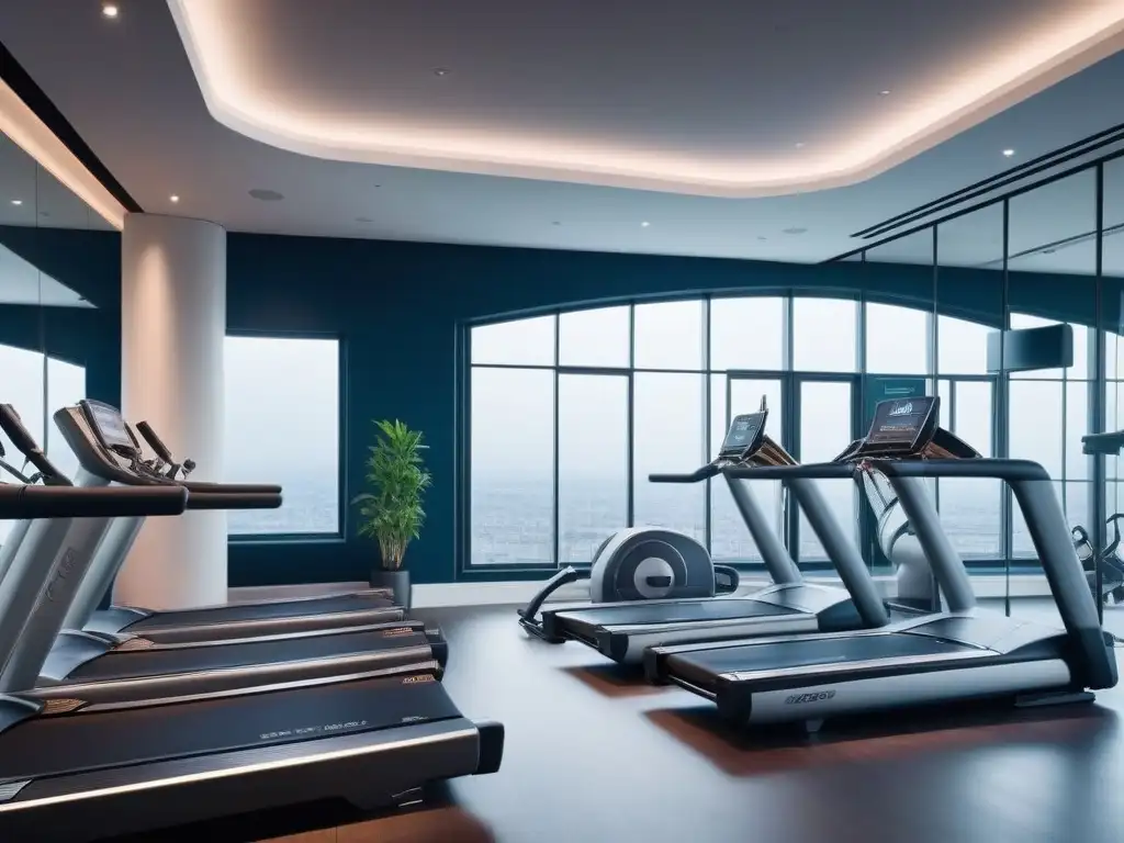 Gimnasio de lujo con equipos de alta gama Un elegante centro de fitness de lujo con equipo de ejercicio de alta gama reluciendo bajo una suave iluminación ambiental