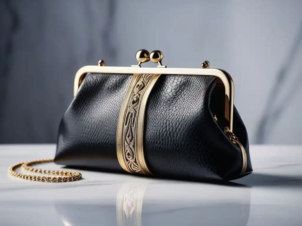 Clutch de cuero negro y detalles dorados en evento de lujo Elegante clutch de cuero negro con detalles dorados en evento de alta gama
