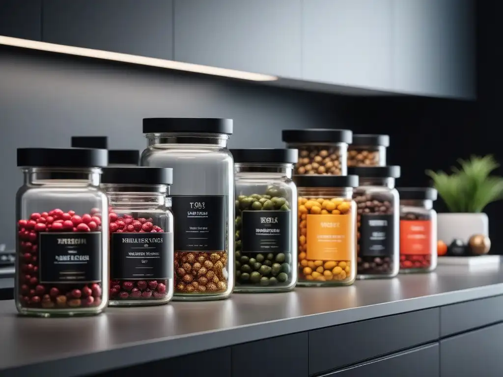 Encantadora elegancia: Suplementos de lujo en cocina moderna Elegante cocina con suplementos de alta gama para la salud mental en envases lujosos y coloridos
