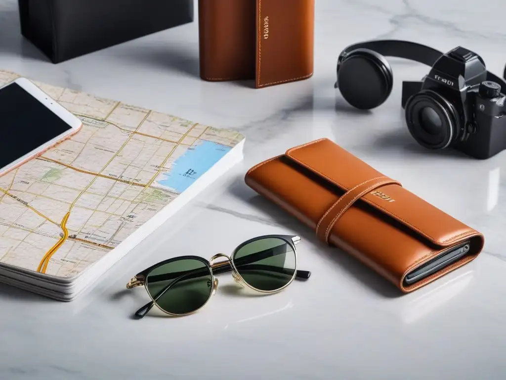 Ensemble de viaje de lujo en mesa de mármol Una elegante colección de accesorios para viajar con estilo sobre una mesa de mármol, con un fondo de un mapa del mundo borroso
