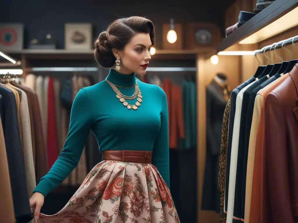 Outfit retro chic en tienda vintage online Una elegante combinación retro en una tienda vintage en línea, ideal para amantes de la moda