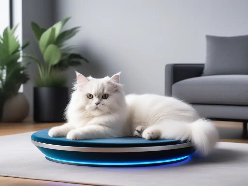 Dispensador de lujo para mascotas con cámara y juguete robótico Un elegante comedero automático para mascotas en un lujoso salón, con juguete robótico y gato persa blanco