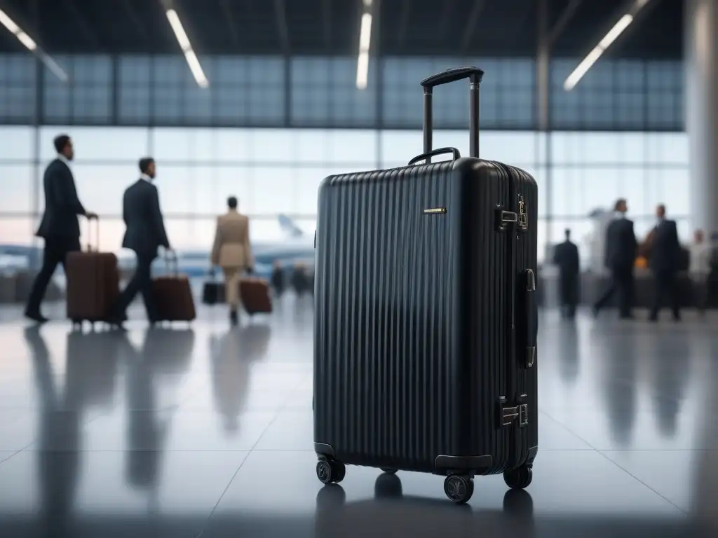 Maleta de lujo en aeropuerto: sofisticación y estilo en viajes Un elegante conjunto de equipaje de lujo para viajes largos en un aeropuerto concurrido