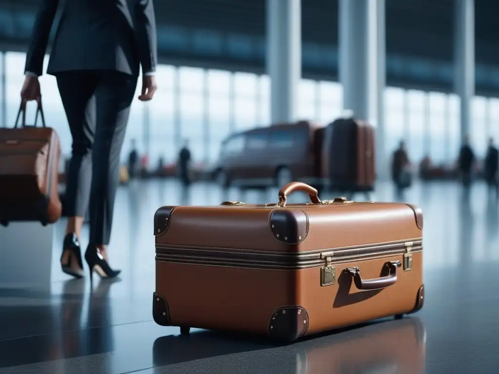 Maleta de lujo: estilo y organización para viajes sofisticados Un elegante conjunto de maletas de lujo frente a un bullicioso aeropuerto, con viajeros de diferentes estilos pasando