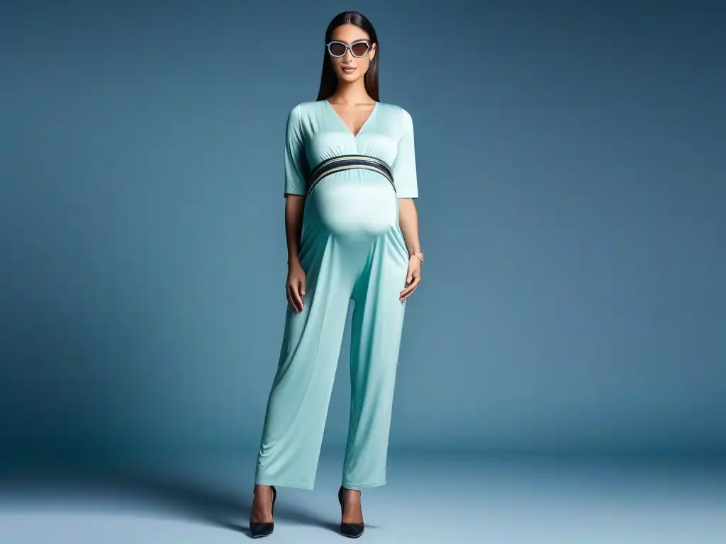 Moda futurista para embarazadas: tecnología y estilo innovador Elegante conjunto de maternidad futurista con tecnología innovadora y monitoreo de salud integrado