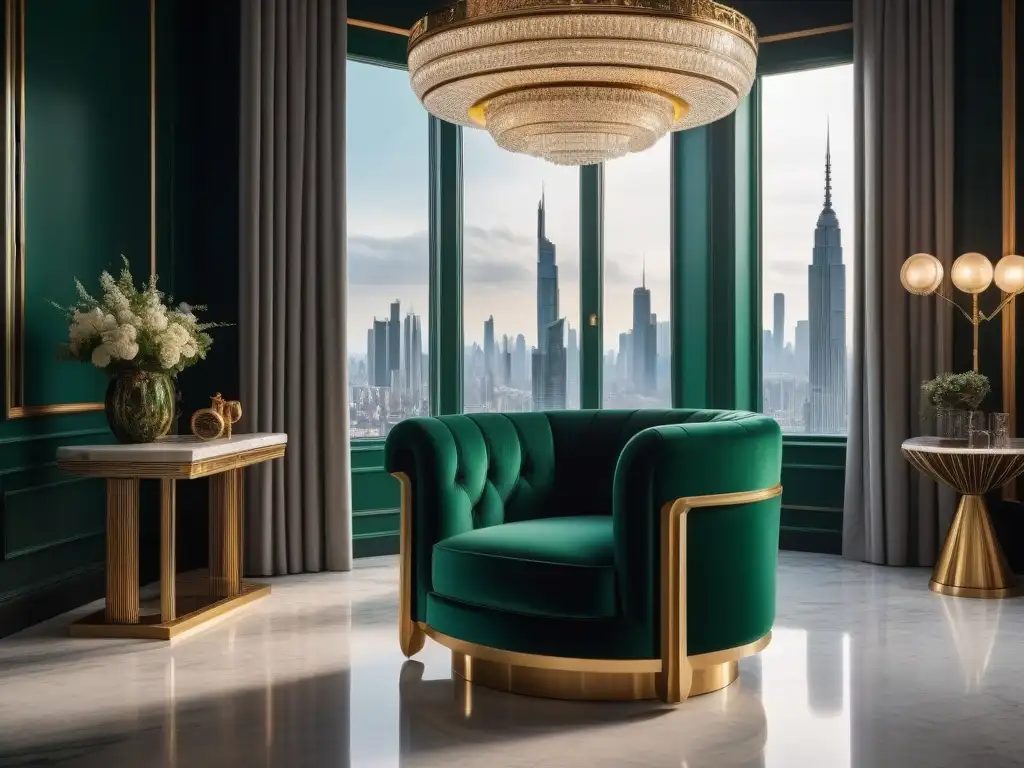 Silla Art Deco de lujo en terciopelo verde esmeralda Elegante sillón Art Deco en terciopelo verde esmeralda en lujoso salón moderno con vista nocturna de ciudad