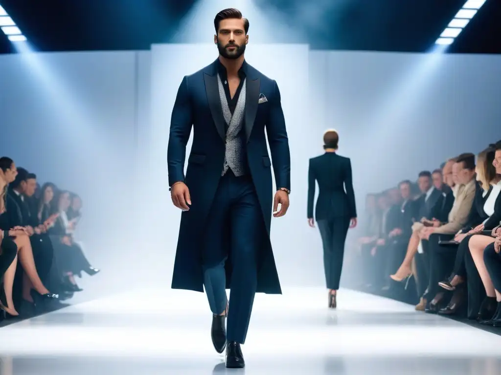 Moda futurista para altos: pasarela de elegancia y personalización Elegante desfile de moda con ropa ajustable para altos en una pasarela futurista