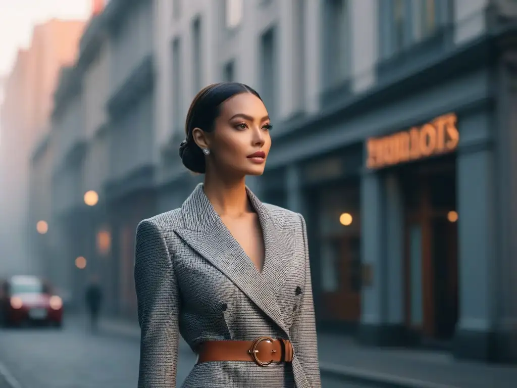 Modelo petite deslumbra con elegancia urbana Un elegante desfile de moda urbana con una modelo petite luciendo una colaboración de moda, irradiando estilo y elegancia