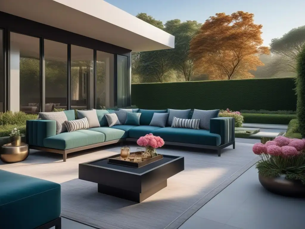 Terraza de lujo: diseño moderno y elegante en jardín exuberante Un elegante y detallado diseño de muebles para casa de lujo en una terraza al aire libre con jardín exuberante y vibrantes flores