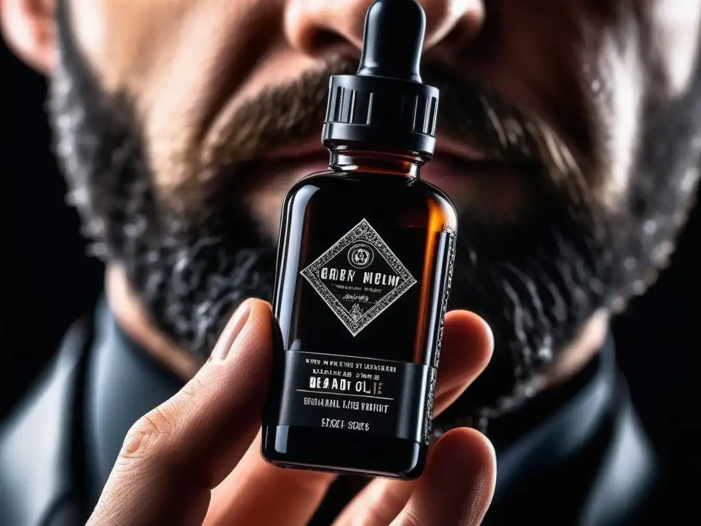 Imagen detallada: mano masculina sostiene elegante aceite para barba en botella negra mate, reflejando lujo y cuidado premium Un elegante detalle de una mano masculina sosteniendo un frasco de aceite para barba, reflejando lujo y cuidado