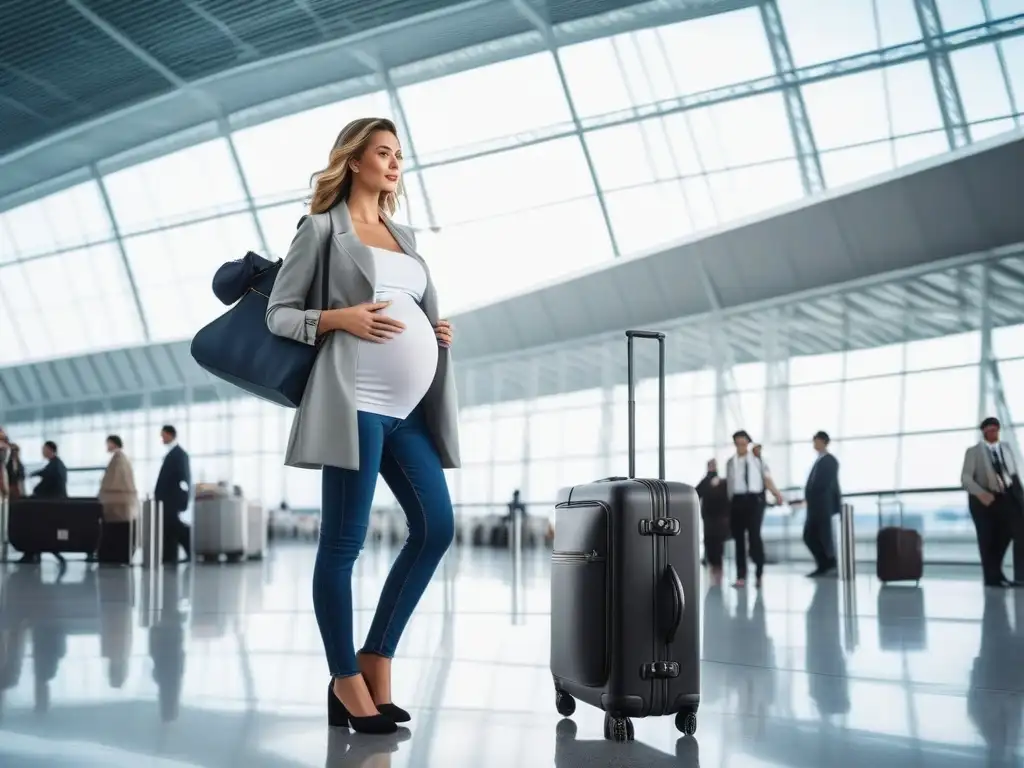 Estilo y comodidad: mujer embarazada chic en aeropuerto Una elegante embarazada en un aeropuerto con accesorios de viaje para embarazadas