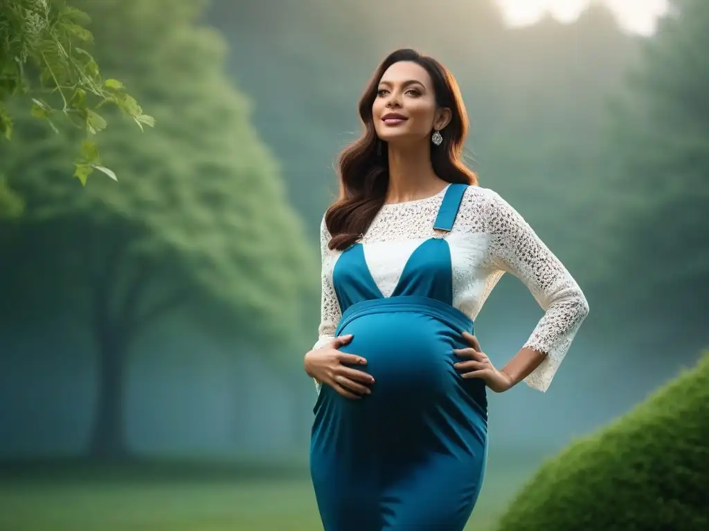 Moda maternidad: mujer embarazada en overol chic al aire libre Elegante embarazada en overol materno, sonriente en la naturaleza