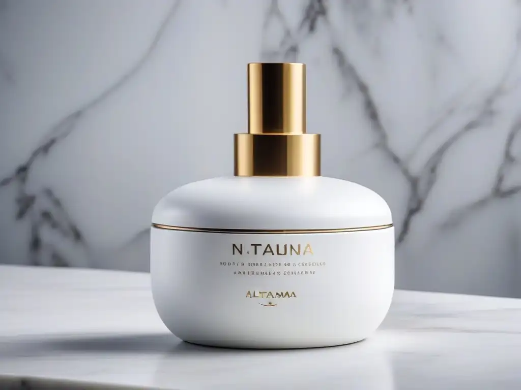 Envase de lujo para piel alta gama: blanco y dorado sobre mármol Un elegante envase blanco y dorado de cremas alta gama para pieles tall, sobre una encimera de mármol bajo una suave luz natural