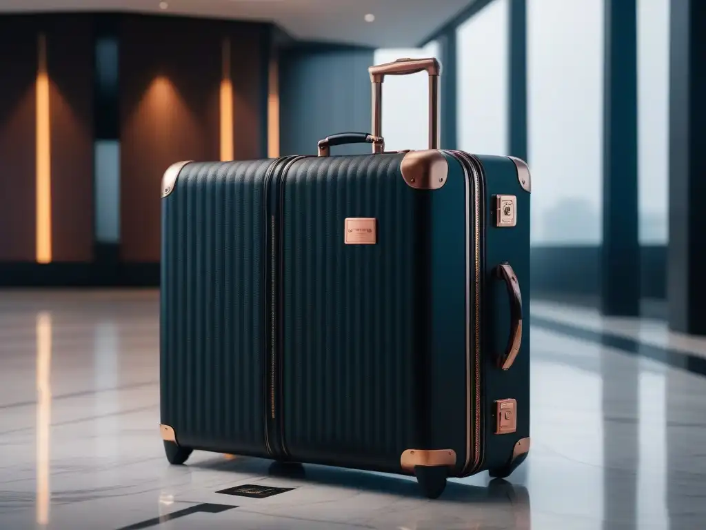 Maleta de lujo: sofisticación en mate y oro rosa Un elegante equipaje adecuado para viajes en un lujoso lobby de hotel