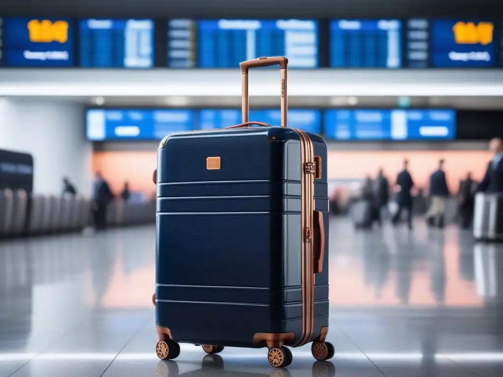 Maleta de lujo moderna en aeropuerto Un elegante equipaje de lujo en un aeropuerto bullicioso