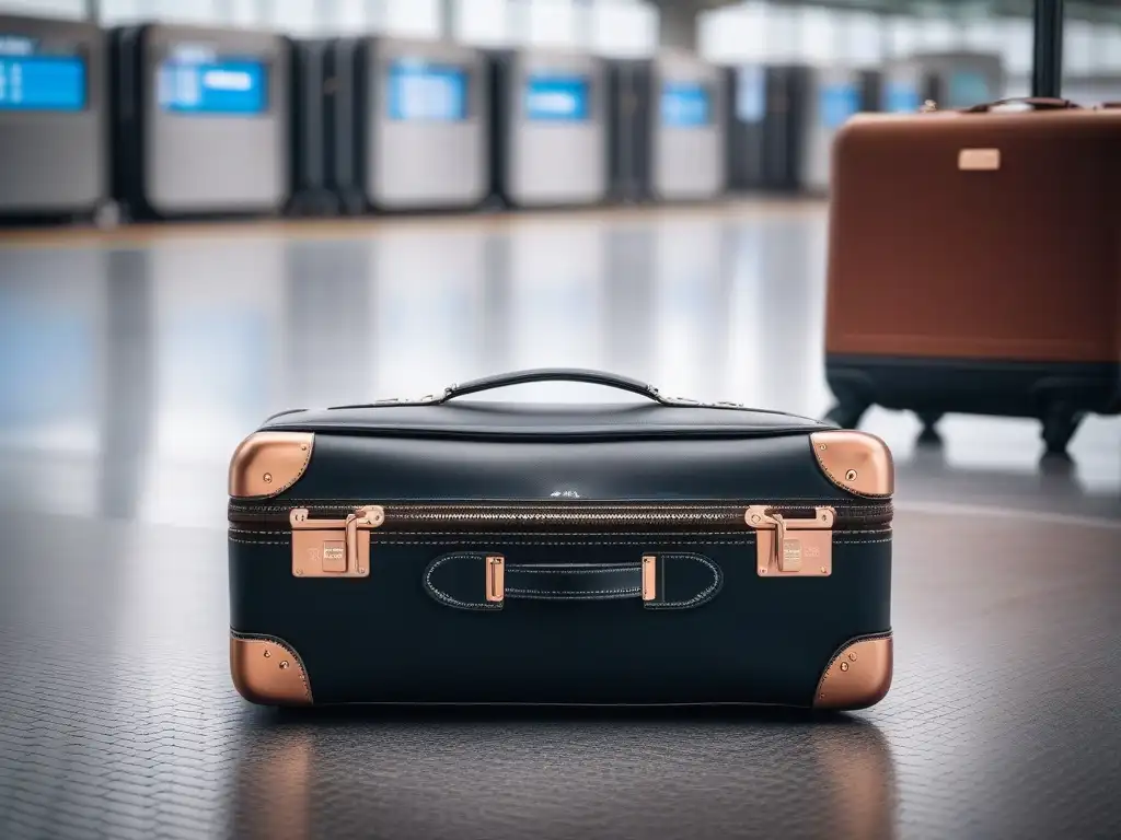Set de equipaje de lujo: cuero negro con detalles en oro rosa Elegante equipaje de lujo con características innovadoras en el aeropuerto