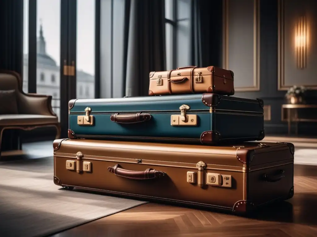 Equipaje de diseño para él y ella: lujo y sofisticación en un hotel chic Elegante equipaje de lujo para luna de miel en habitación de hotel minimalista