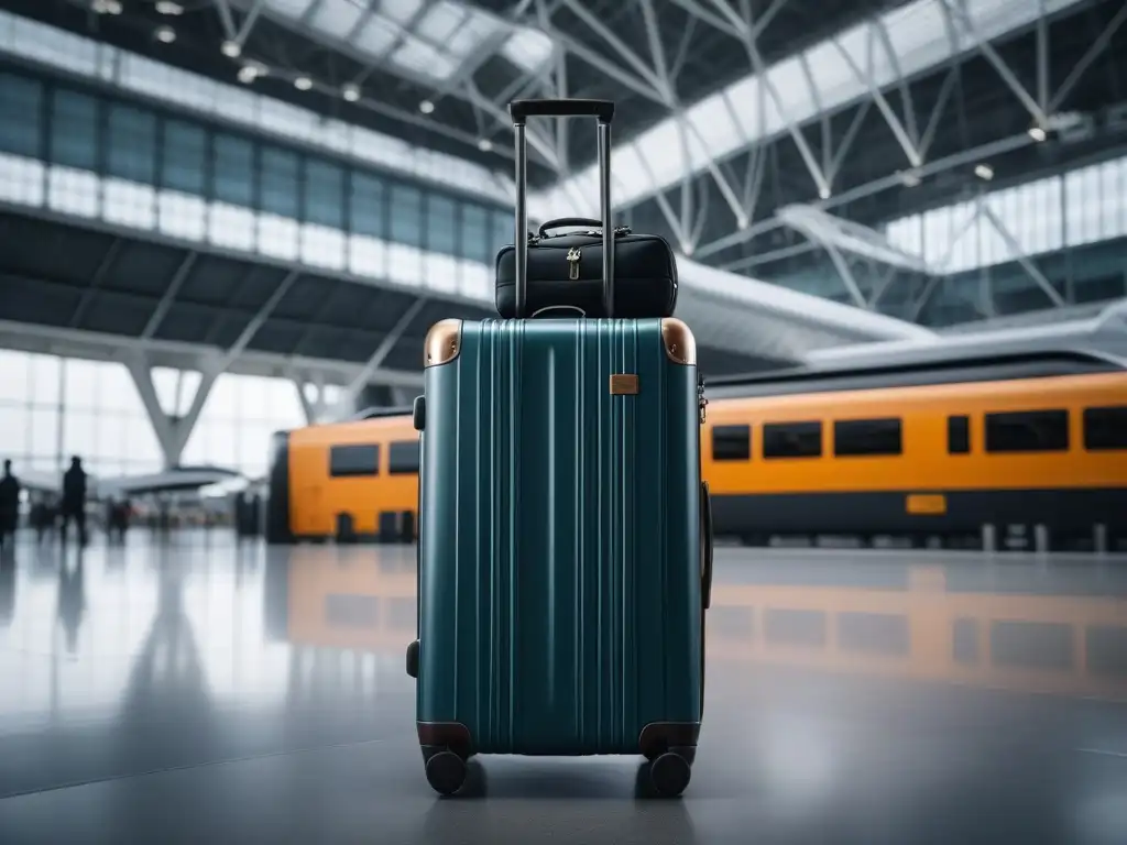 Maleta de lujo: elegancia y tecnología para viajeros exigentes Un elegante equipaje de lujo para viajes largos en un bullicioso aeropuerto, con tecnología avanzada y diseño sofisticado
