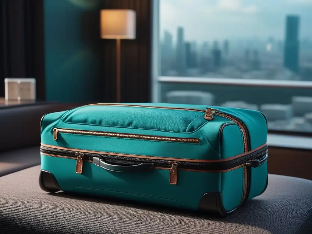 Maleta de viaje organizada en habitación de hotel moderno Elegante equipaje de mano para petite en habitación minimalista con vista urbana