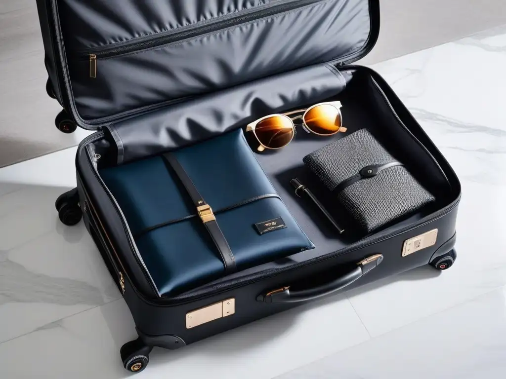 Maleta de viaje negra en piso de mármol elegante Un elegante equipaje de mano negro mate abierto con ropa doblada y accesorios de viaje, en una habitación de hotel lujosa