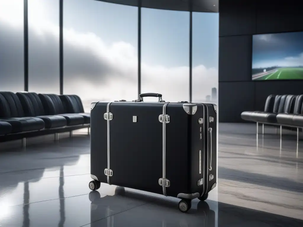 Maleta de lujo: elegancia y sofisticación en el aeropuerto Un elegante equipaje negro con asa plateada, abierto parcialmente en un lujoso aeropuerto