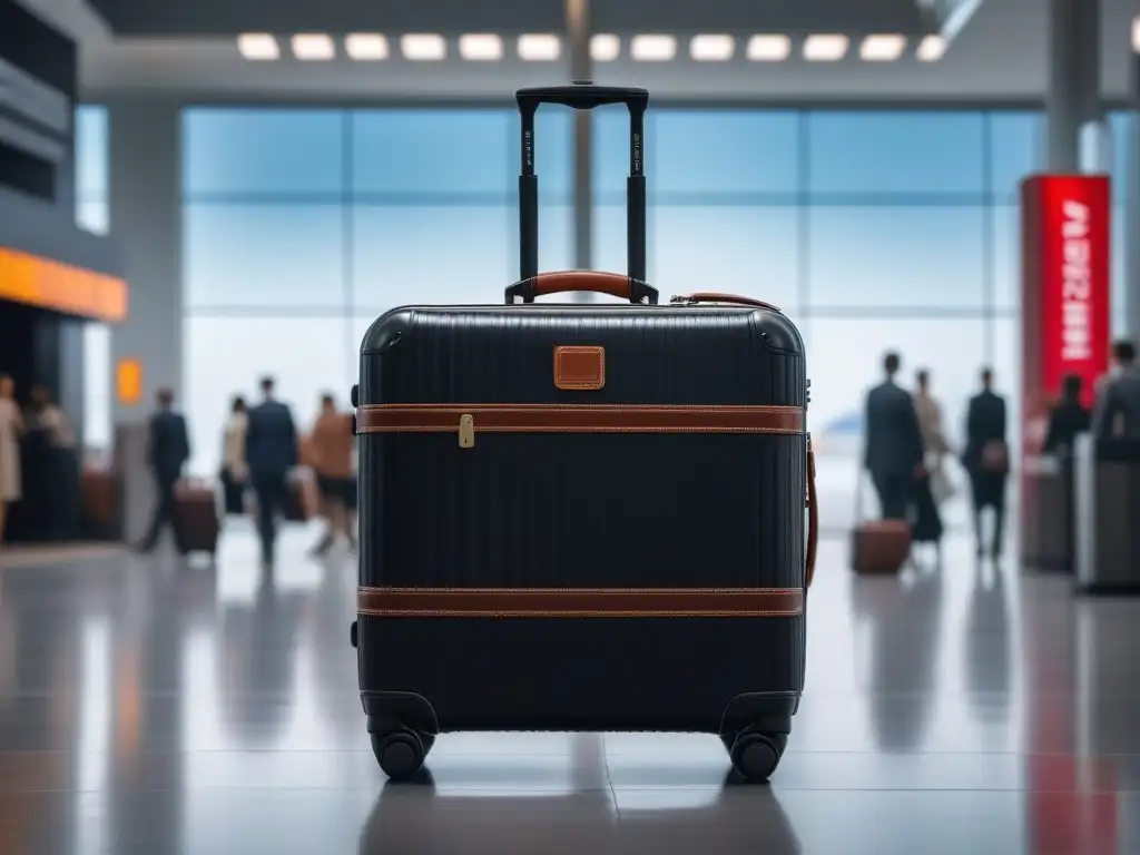 Maleta negra elegante con asa ajustable para viajeros altos Un elegante equipaje negro con asa ajustable extendida al máximo, ideal para personas altas, en una lujosa sala de espera de aeropuerto