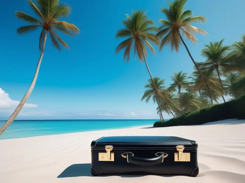 Maleta de lujo para escapada fashion wellness Un elegante equipaje organizado con ropa, productos de belleza y un pasaporte, listo para un viaje de bienestar y moda