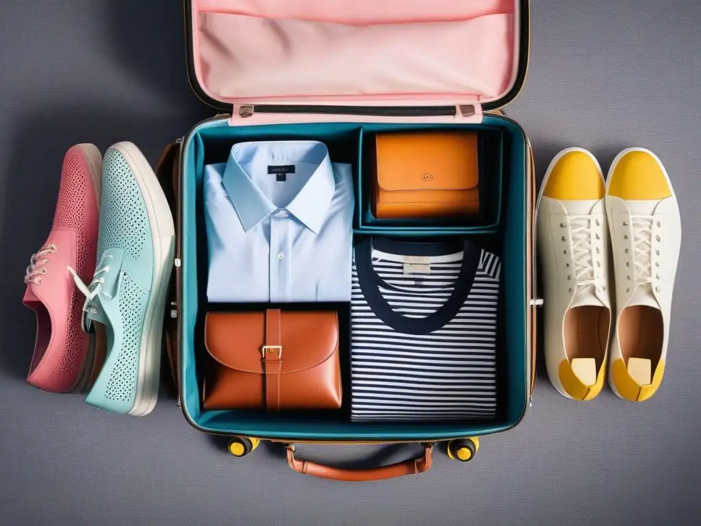 Maleta organizada con estilo para viajeros modernos Un elegante equipaje organizado con ropa y accesorios de moda, en tonos pastel y vibrantes