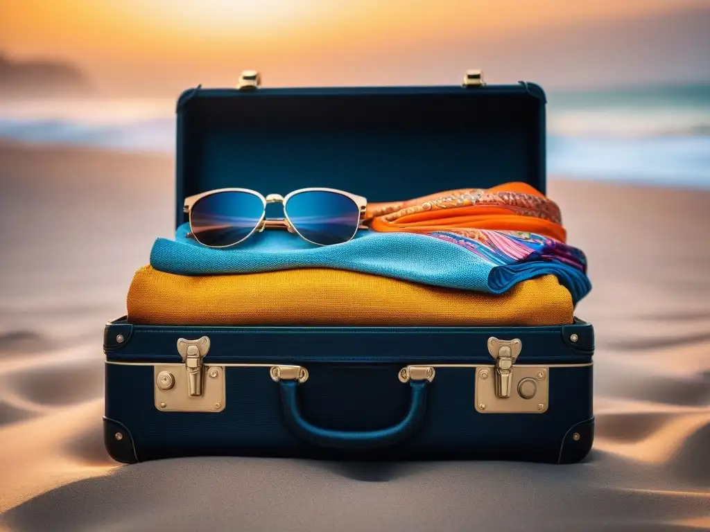 Maleta de lujo en playa: moda resort y atardecer dorado Un elegante equipaje de viaje abierto en una playa, con ropa de diseñador, pañuelos de seda, gafas de sol y revistas de moda