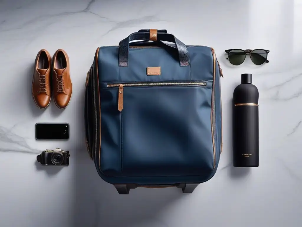 Elegante organización de equipaje de viaje en mármol Un elegante equipaje de viaje organizado en un mostrador de mármol, mostrando el arte de viajar ligero con estilo