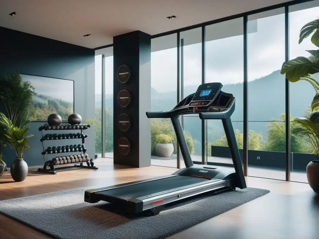 Home gym de lujo: equipo fitness 8k en entorno inspirador Elegante equipamiento de fitness de lujo en un gimnasio casero de ensueño con vista a la naturaleza serena