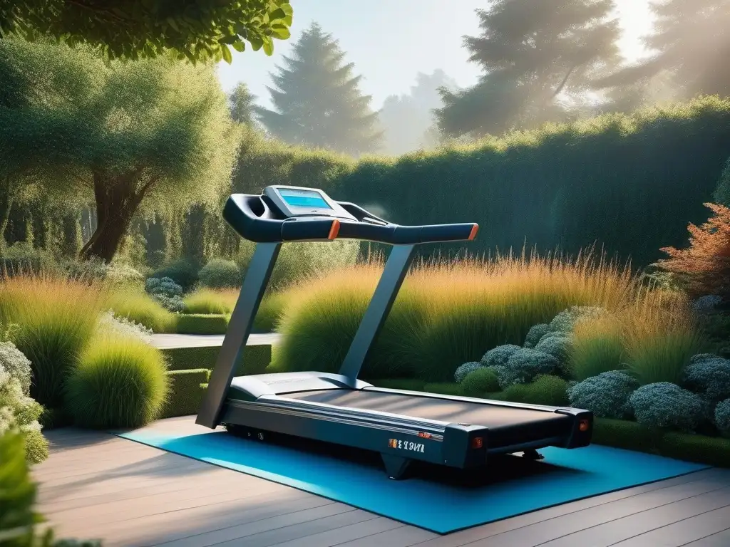 Entrenamiento de lujo en jardín exuberante Elegante equipamiento fitness lujo jardín con modernos equipos rodeados de exuberante vegetación y luz natural suave