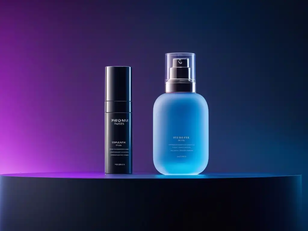 Exhibición futurista de productos de belleza sostenible de lujo Un elegante escaparate de productos de belleza lujosos e innovadores que fusiona naturaleza y tecnología, iluminado suavemente