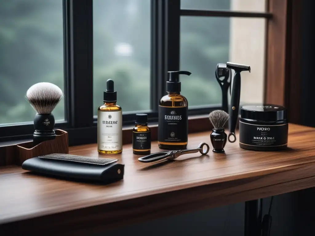 Estación de aseo masculino: elegancia y sofisticación Un elegante espacio de aseo masculino con herramientas de barbero en una estación moderna de madera