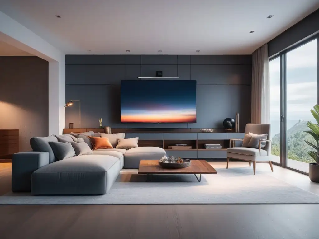 Setup de entretenimiento moderno y elegante en casa con TV y sofá acogedor Un elegante espacio de entretenimiento en casa con soluciones audiovisuales para hogar diverso