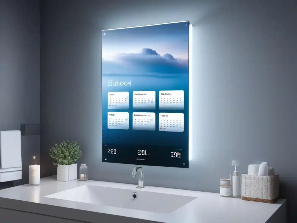 Espejo inteligente: lujo y tecnología en tu baño Un elegante espejo inteligente muestra datos de salud, clima y calendario en un lujoso baño minimalista, tendencias tecnológicas para hogar de lujo